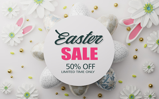 Easter sale banner design. Easter sale text up to 50% off promotion with 3d realistic bunny and eggs for seasonal shop discount advertisement. 3d rendering.