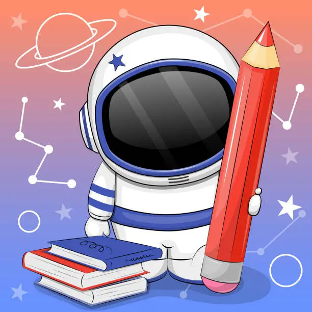Vector illustration of Cute cartoon astronaut with a big red pencil and books.