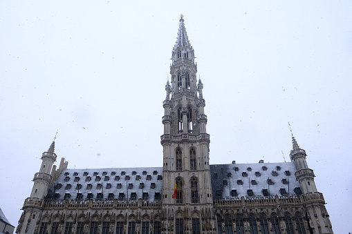 Snowfall in city of Brussels, Belgium on March 8, 2023