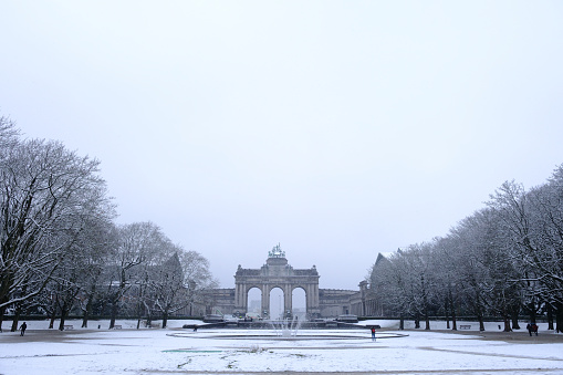 View of a public park during a snowfall in city of Brussels, Belgium on March 8, 2023