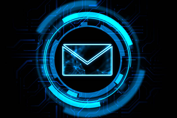 Mail, letter and email concept with digital blue envelope symbol in microcircuit circle on abstract dark background. 3D rendering