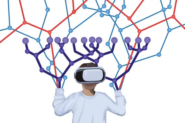 Vector illustration of Girl having fun wearing virtual reality headset