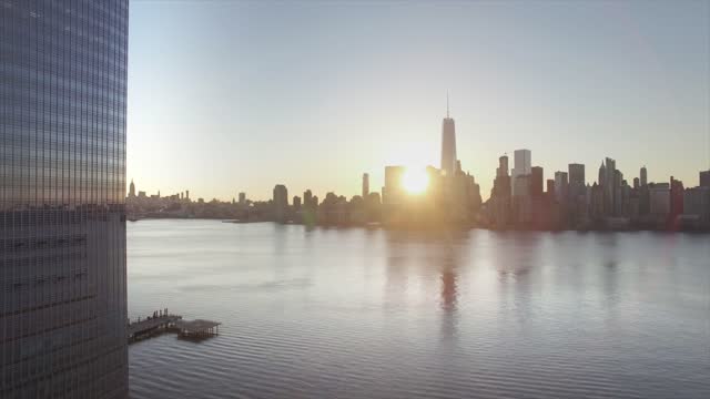Aerial of New York sunrise on a clear cold spring day