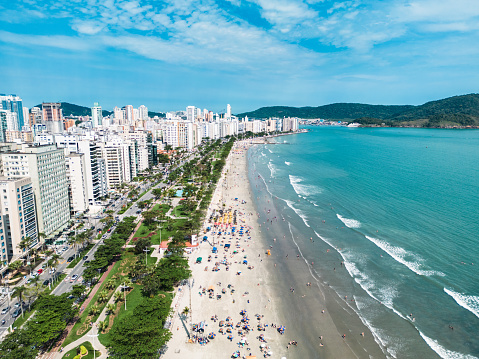 Florianopolis, Brazil, January 11, 2022: crowded beach Praia da Barra da Lagoa in Florianopolis, Brazil