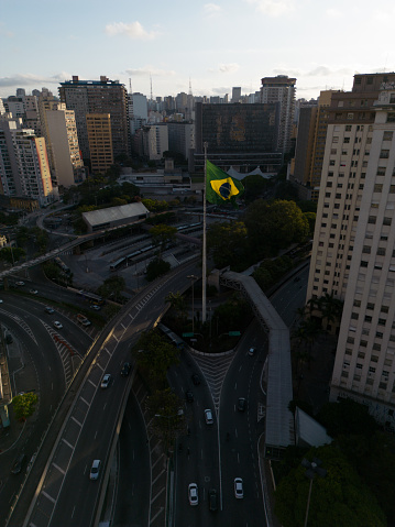Flag of Brazil on an avenue in Sao Paulo