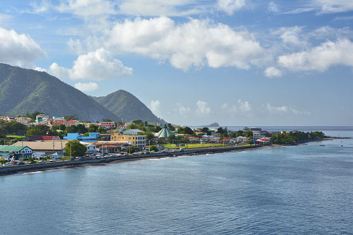 Shoreline of Roseau city by the port on Dominica island, Caribbean.