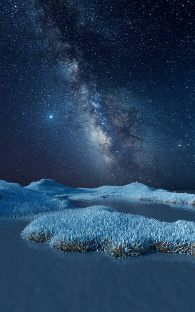 istock Blue grassland with milky way at night, 3d rendering. 1472300359