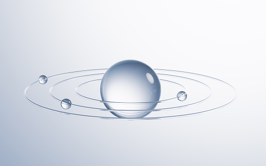 Transparent ball with rings surrounded, 3d rendering. Digital drawing.