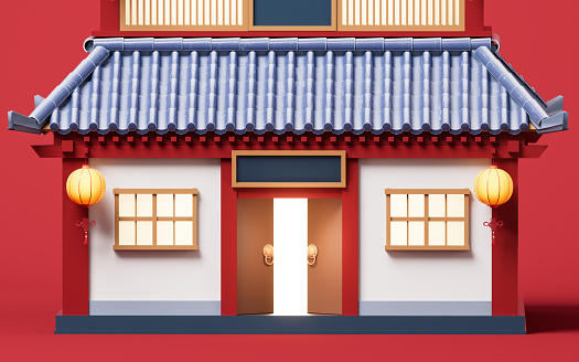 Chinese ancient building with retro style, 3d rendering. Digital drawing.
