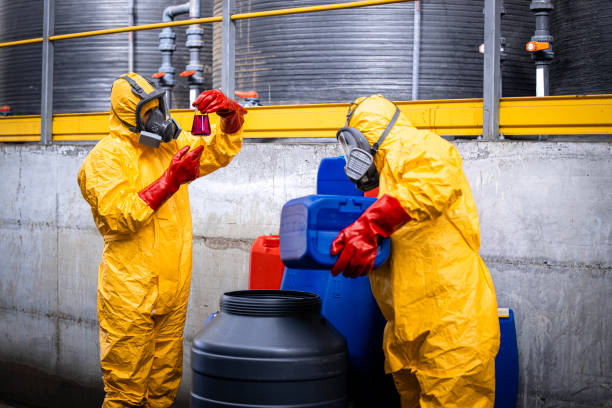 istock Factory workers testing sulfuric acid. Using protection equipment to avoid severe skin burns and eye damage. 1472300920