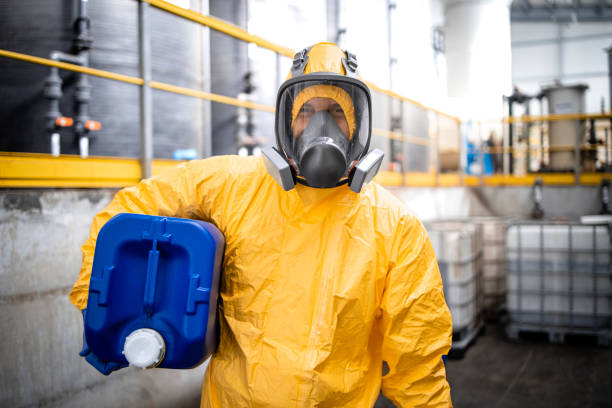 retrato del trabajador de la planta de producción de productos químicos con traje protector y máscara de gas que sostiene una lata de plástico con productos químicos. - chemical worker fotografías e imágenes de stock