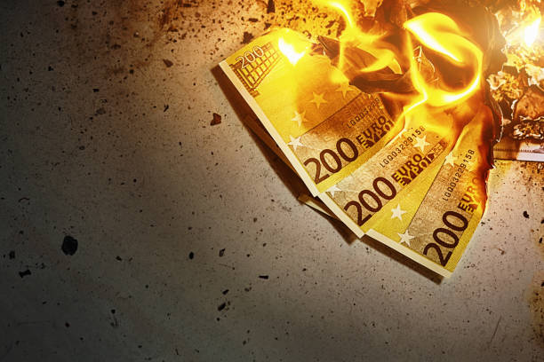 Money to burn: Three large-denomination Euro banknotes going up in flames.