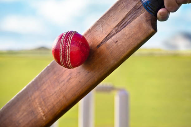 un batteur de cricket frappe une balle avec des souches sur un terrain de cricket - cricket bowler photos et images de collection