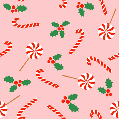 Candy cane backdrop on light pink background - funny hand drawn doodle, seamless pattern. Lettering poster or t-shirt textile graphic design. Merry Christmas wallpaper, wrapping paper, background.