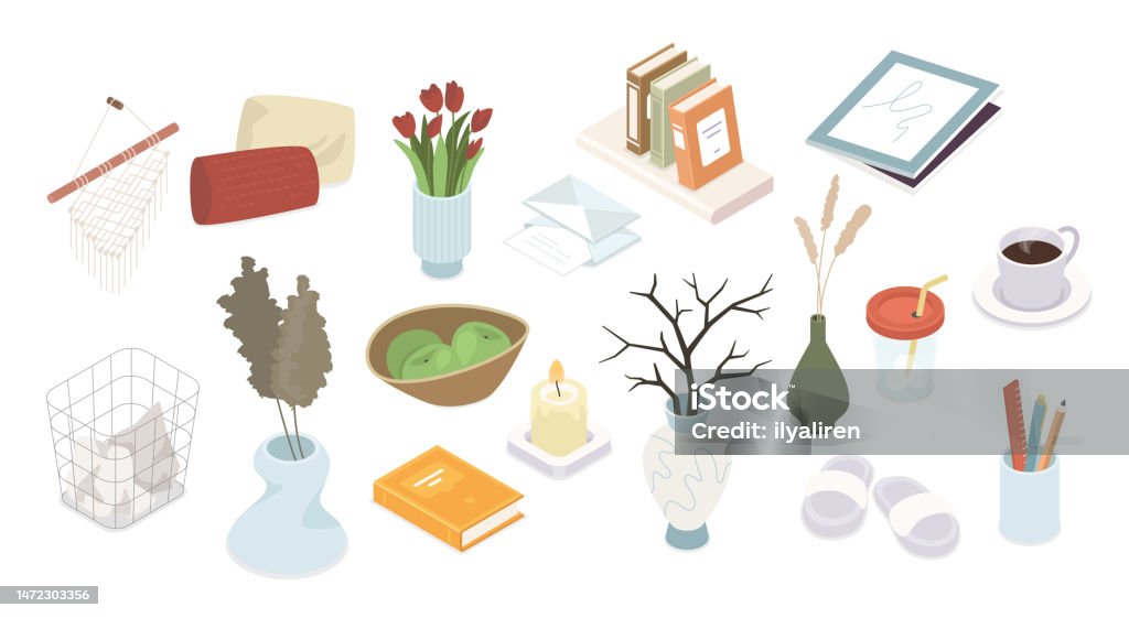Houseware Vector Decorative Interior Items Modern Vector Isometric Colorful Elements ...