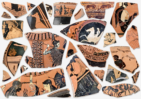 Background of ancient classical, greek terracotta fragments, collection of antique ceramics pieces of broken vase, amphora, jug and jar