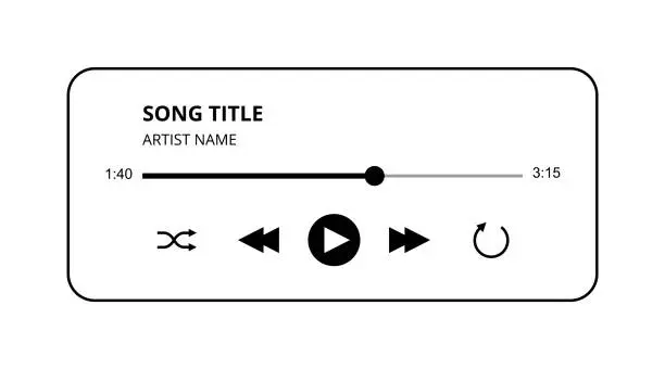 Vector illustration of Music Player vector UI design with buttons, track and title vector illustration. Isolated on white audio player interface black and white style