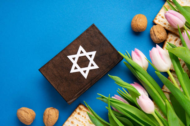 carte de vœux de pessah avec matzah, noix et fleurs de tulipes roses sur fond bleu. - seder passover seder plate matzo photos et images de collection