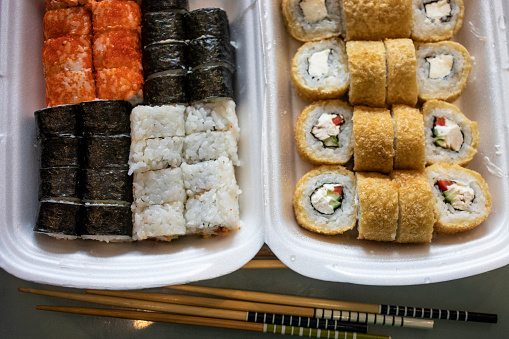 Seasonal Food Deliverables. sushi and rolls,  top view