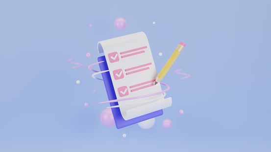 Clipboard and pencil on blue background. Notepad icon. Clipboard task management todo check list, work project plan concept, fast checklist, productivity checklist. 3d rendering.