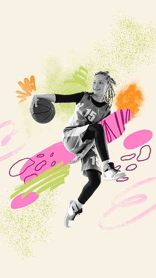 BW image of young professional basketball player in action, motion over light background with colorful abstract drawings. Inspiration, creativity and sports concept