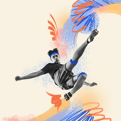 Leg kick. Creative design with young man, soccer player in motion with football ball over light background with abstract drawings. Concept of creativity, action, energy, sport, competition and ad. Poster, flyer