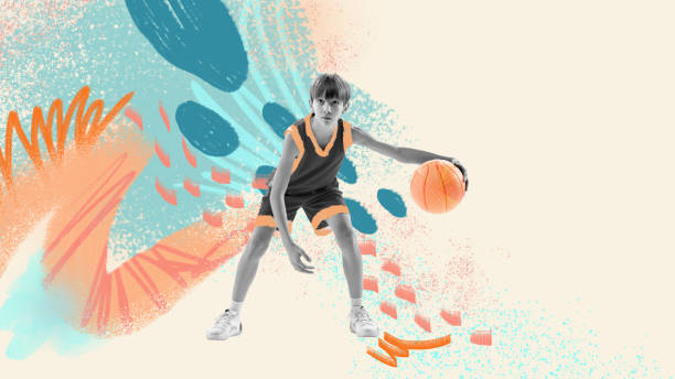 istock Young junior basketball player in action, motion over light background with colorful abstract drawings. Inspiration, creativity and sports concept 1472309199