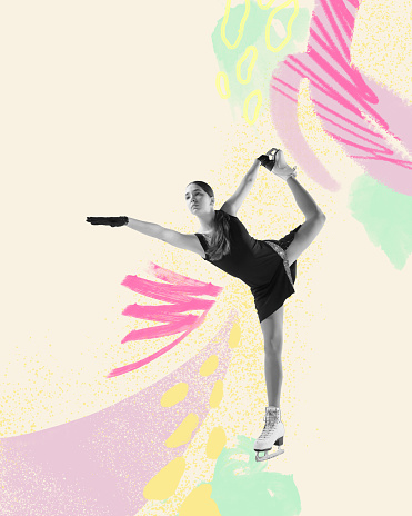 Beauty and grace. Young professional figure skater in motion and action over light background with abstact drawings. Concept of art, sport, motivation, grace.