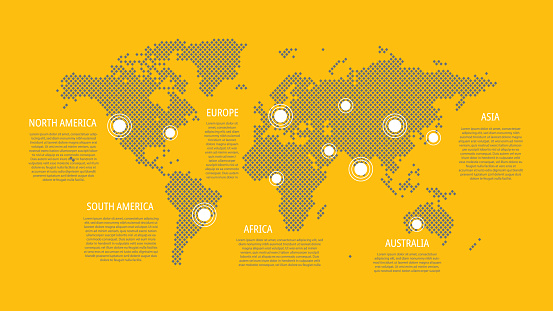 World icon with map pointers. North, South America, Europe, Asia, Africa, Australia. Vector yellow gray white illustration for web page, global business, network, connection, communication, template, text sample, infographics, travel