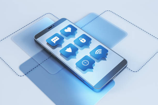 istock Creative blue smartphone with communication icons on screen. Social media and network concept. 3D Rendering. 1472311700