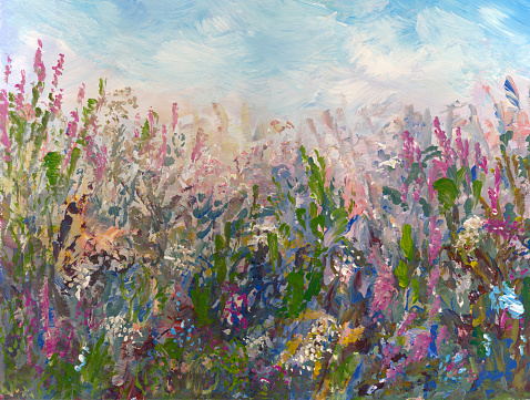 spring flowering wildflowers painted with one wide brush, oil painting