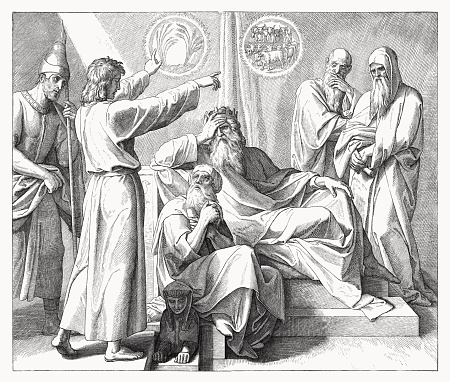 Joseph interprets Pharaoh's dreams (Genesis 41). Wood engraving by Julius Schnorr von Carolsfeld (German painter, 1794 - 1872), published in 1860.