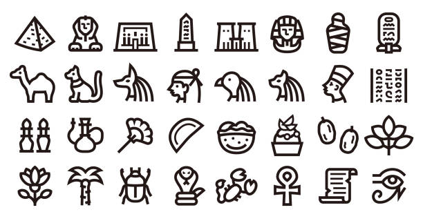 ilustraciones, imágenes clip art, dibujos animados e iconos de stock de conjunto de iconos de egipto (verso de línea en negrita nítida) - tourist egypt pyramid pyramid shape