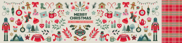 ilustraciones, imágenes clip art, dibujos animados e iconos de stock de gran paquete navideño con patrón de tartán - xmas