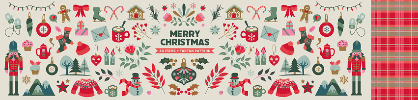 Vector illustrations of Xmas mood items. Cozy winter holiday set design elements. Floral ornaments, hot chocolate, gifts, pullover, mountains. Illustration isolatedon a white background.