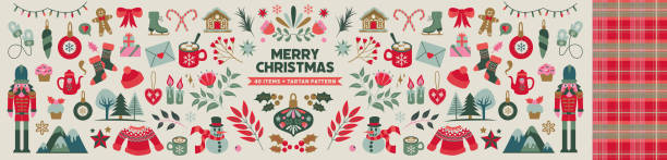 Big Christmas bundle with tartan pattern Vector illustrations of Xmas mood items. Cozy winter holiday set design elements. Floral ornaments, hot chocolate, gifts, pullover, mountains. Illustration isolatedon a white background. christmas stock illustrations