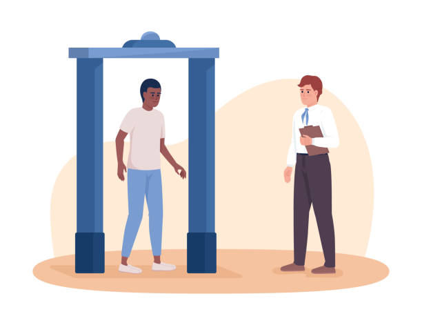Airport safety scanner 2D vector isolated illustration. Boy going through security checkpoint flat characters on cartoon background. Colorful editable scene for mobile, website, presentation