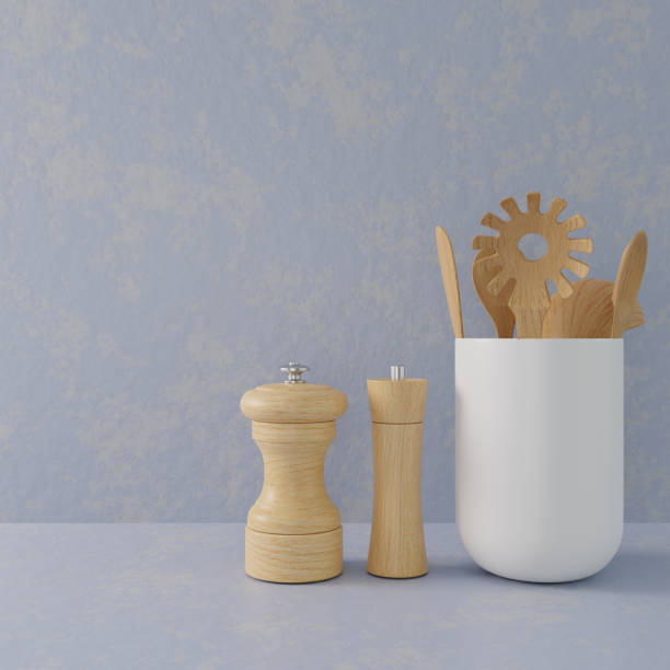istock 3D Rendering Wood Spatula in Cup, Wood Pepper Grinder 1472326260