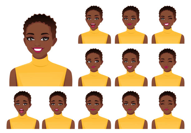 Woman expressions set Young African American woman with short haircut different facial expressions set isolated vector illustration woman portrait short hair stock illustrations