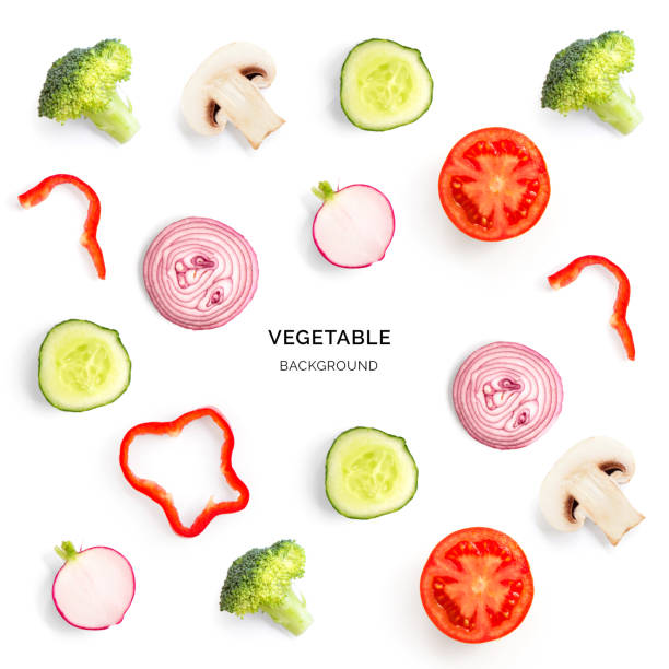 istock Seamless pattern with mushroom champignon, tomato, cucumber, radish, broccoli, pepper. Vegetables abstract background. Champignon, tomato, cucumber, radish, broccoli, pepper on the white background. 1472331971