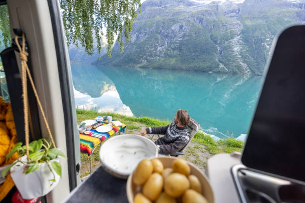 Road trip concept, man living the van life experience.Norway