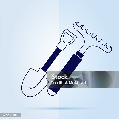 istock Gardening tools icon on blue background. 1472333870