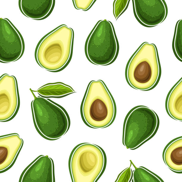 ilustraciones, imágenes clip art, dibujos animados e iconos de stock de patrón sin costuras de aguacate vectorial - guacamole avocado cutting white background