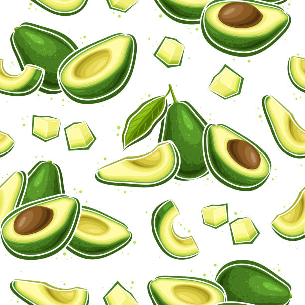 ilustraciones, imágenes clip art, dibujos animados e iconos de stock de patrón sin costuras de aguacate vectorial - guacamole avocado cutting white background