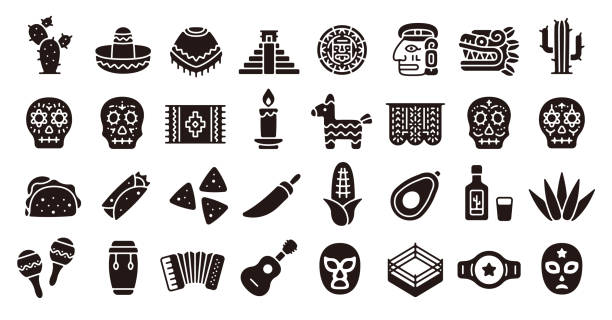 mexiko indien icon set (flache silhouette version) - mexikanische küche stock-grafiken, -clipart, -cartoons und -symbole