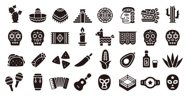 멕시코 인도 아이콘 세트 (플랫 실루엣 버전) - pre columbian stock illustrations