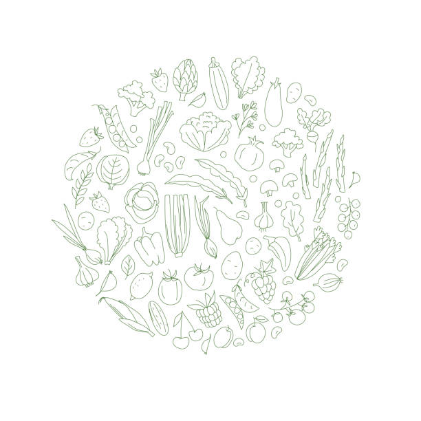 istock Round background pattern of organic farm fresh fruits and vegetables 1472337077
