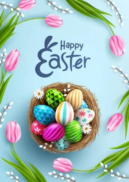 Vector illustration of Easter poster and banner template with Easter eggs in the nest on light green background.Greetings and presents for Easter Day in flat lay styling.Promotion and shopping template for Easter