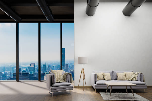 istock large urban skyline loft office with white wall and cozy vintage couch; copy spacepanoramic window skyline view, 3D Illustration 1472338537