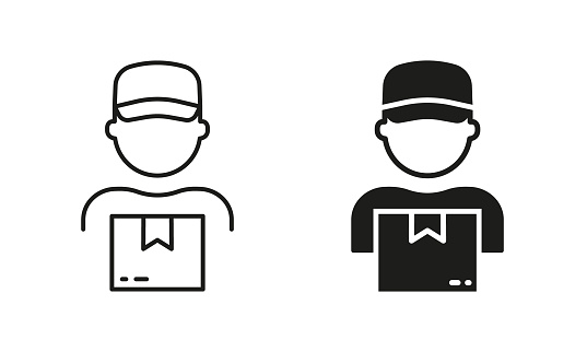 Delivery Worker Holding Parcel Box in Hand Silhouette and Line Icon Set. Postman Guy in Uniform Cap Pictogram. Shipment Man Courier Deliver Package Sign. Editable Stroke. Isolated Vector Illustration.